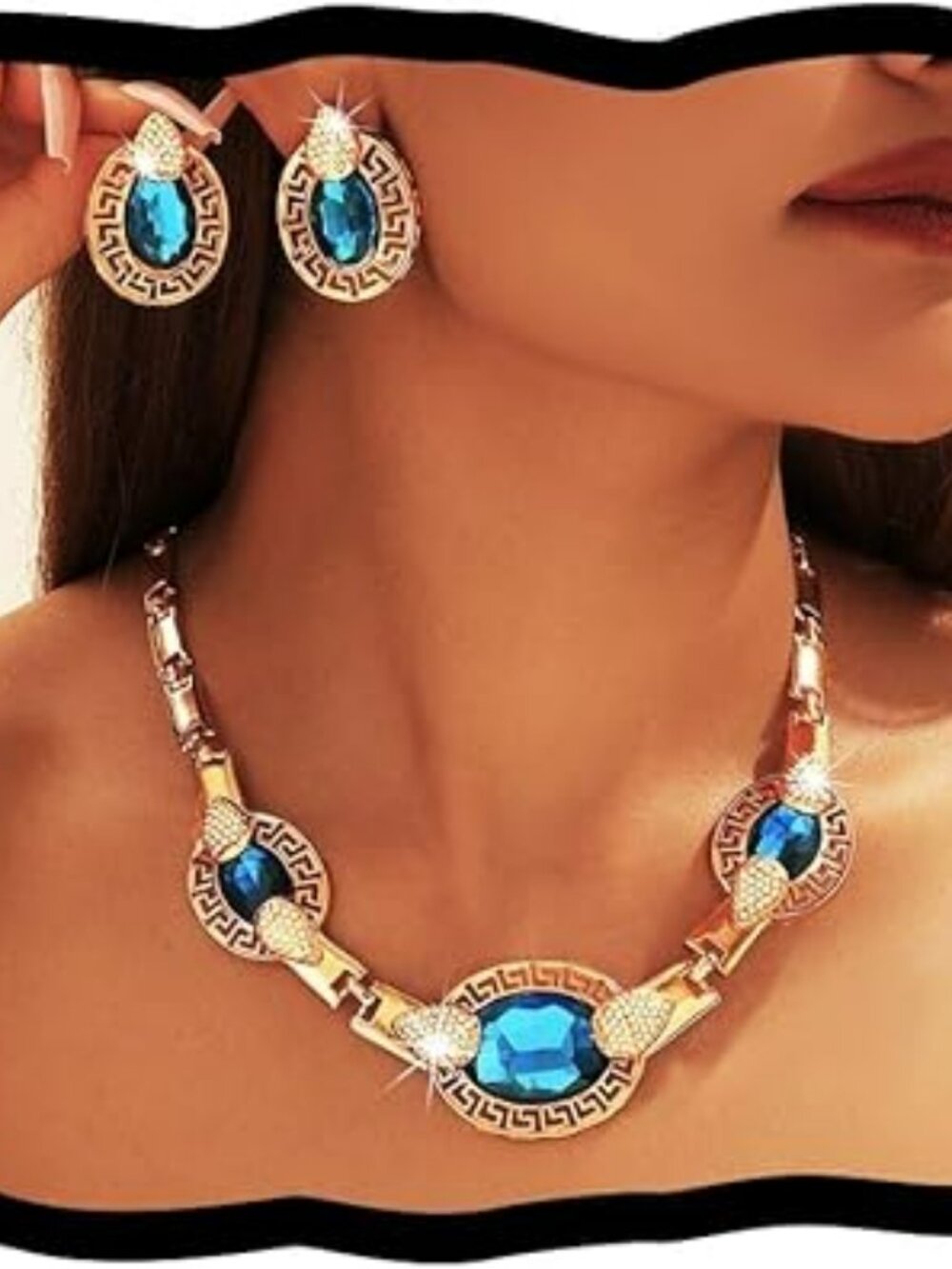New Gold Baroque Necklace & Earring Set Blue Crystal Classy Jewelry Set